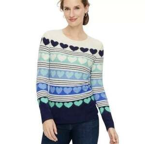 Talbots Sweater Pullover Long Sleeve Fuzzy Sweater Heart Stripe Print Blue XL